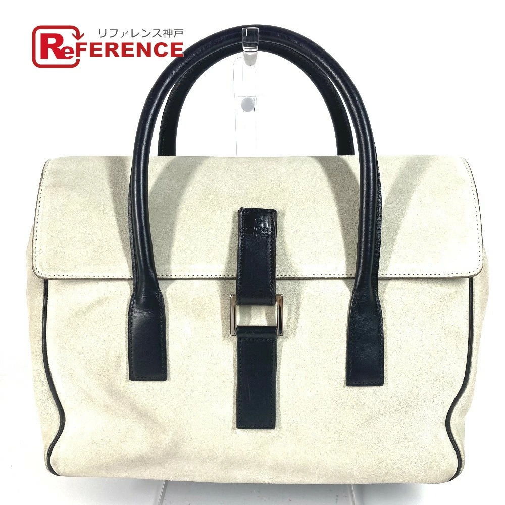 GUCCI Logo Bag Tote Flap Handbag Suede Leather Black